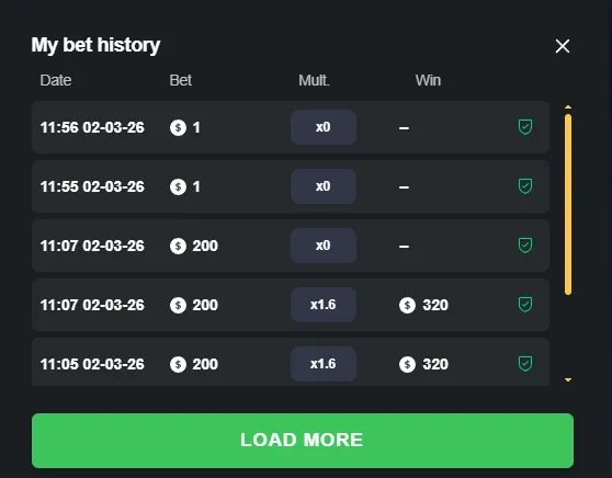 MegaBlock bet history panel displaying a list of recent rounds with difficulty, multiplier, and profit or loss per round