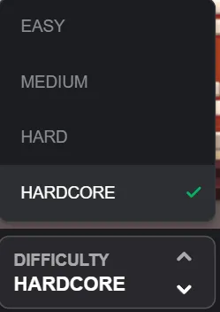 MegaBlock difficulty selector screen showing all four modes: Easy, Medium, Hard, and Hardcore with their block counts and multiplier ranges