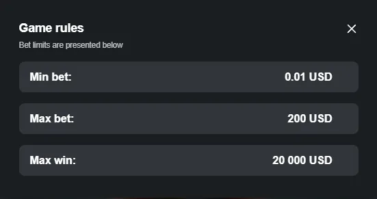 MegaBlock game rules panel showing min bet 0.01 GBP, max bet 200 GBP, and max win 20,000 GBP