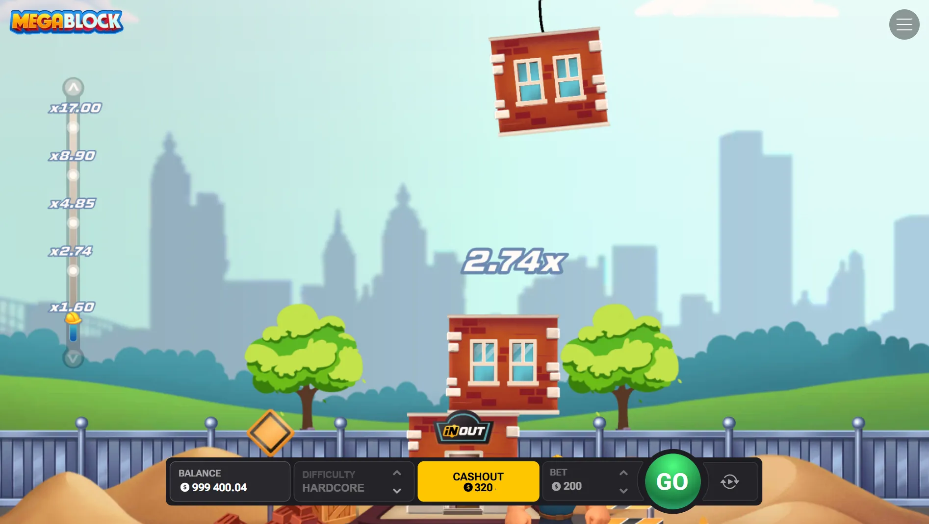 MegaBlock Hardcore mode gameplay at 2.74x multiplier showing blocks stacked with the crane dropping the next block