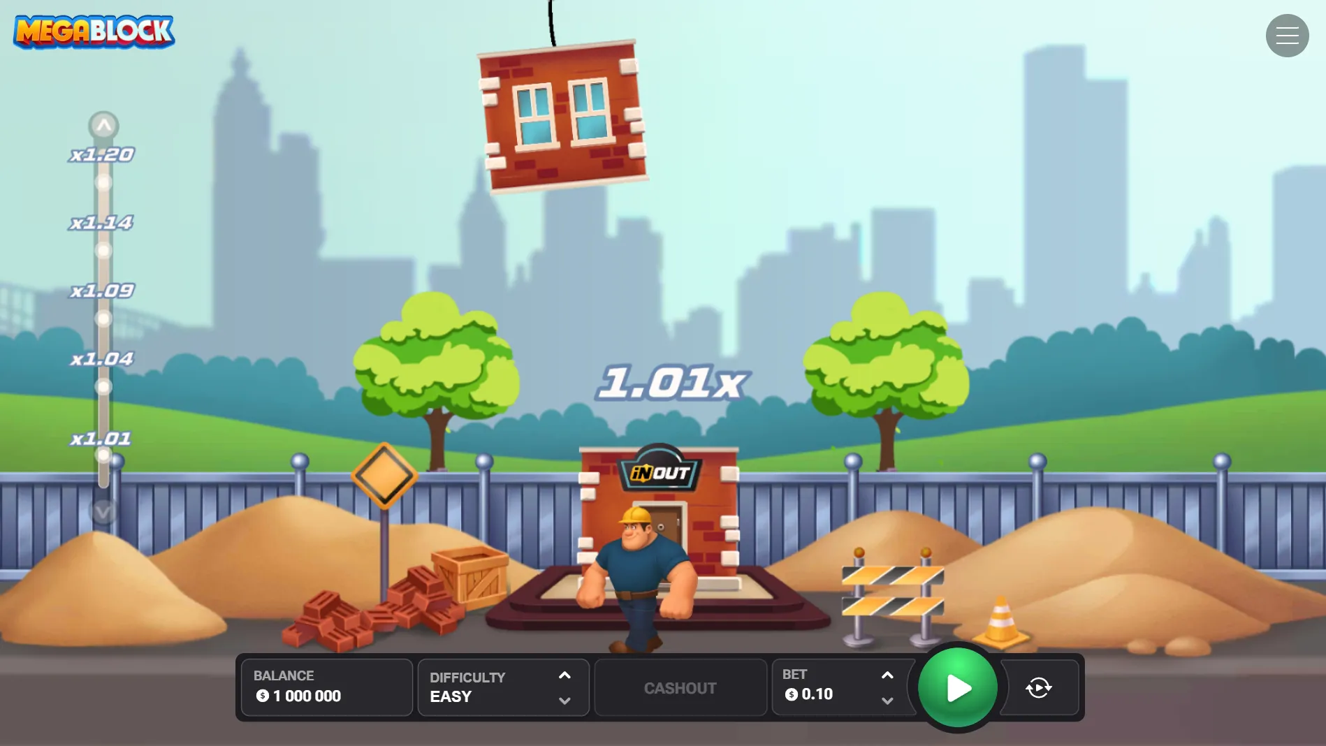 MegaBlock main interface in Easy mode showing the tower, swinging block, multiplier display, bet controls, and cash-out button