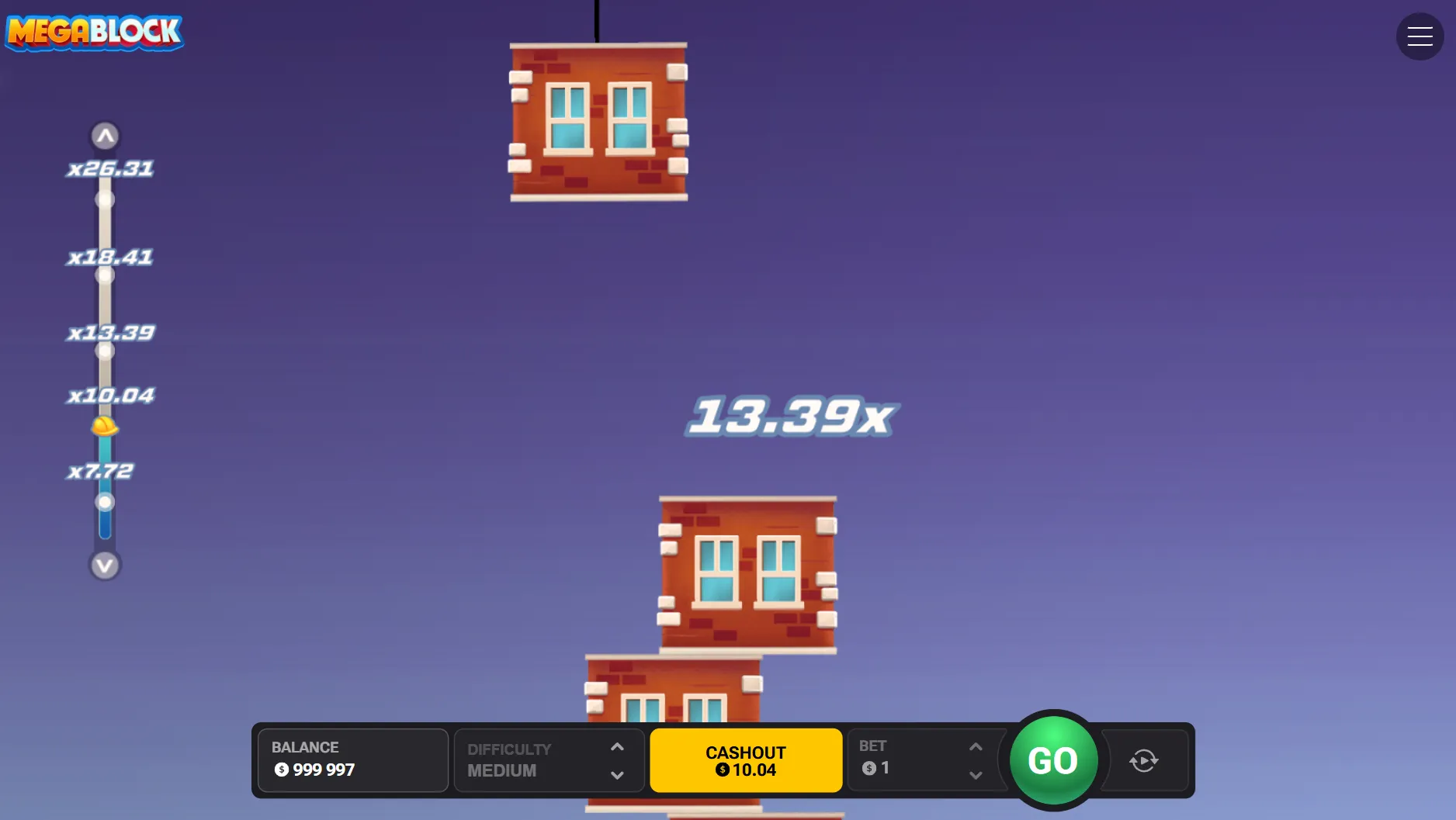 MegaBlock Medium mode showing a high multiplier being reached mid-tower with the multiplier display prominently visible