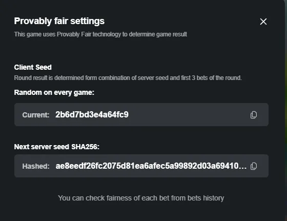 MegaBlock provably fair settings panel showing client seed with current hash value and next server seed SHA256 hash