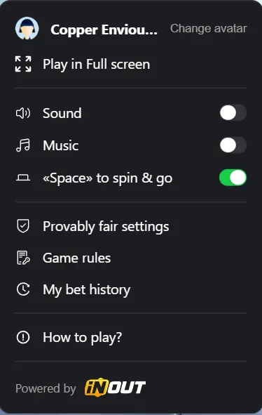 MegaBlock settings menu showing game configuration options including seed verification and bet limits