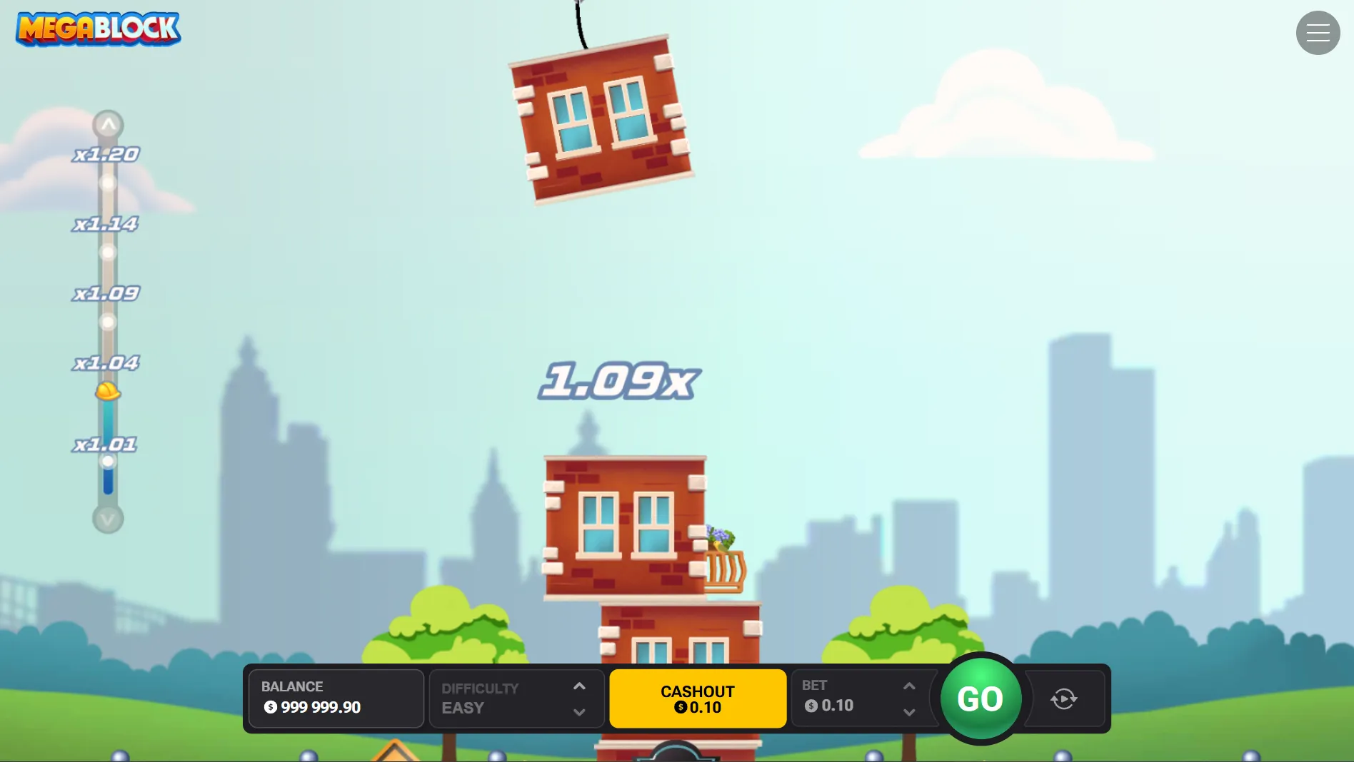 MegaBlock tower stacking gameplay at 1.09x multiplier