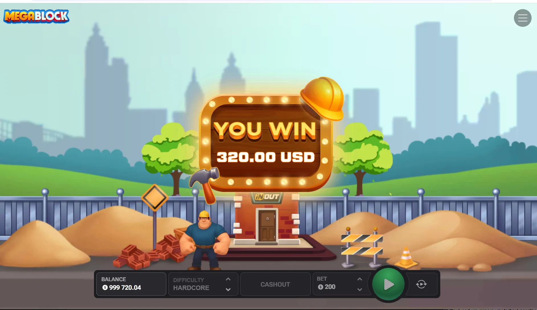 MegaBlock win screen showing £320 payout